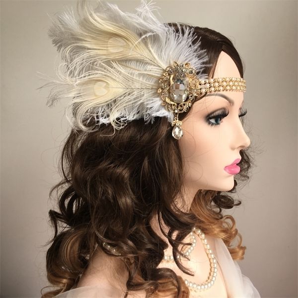 Stirnbänder Frauen Vintage Feder Stirnband Weiße Metallkette 1920er Jahre Gatsby Party Kopfschmuck Für Karneval Zubehör 221105