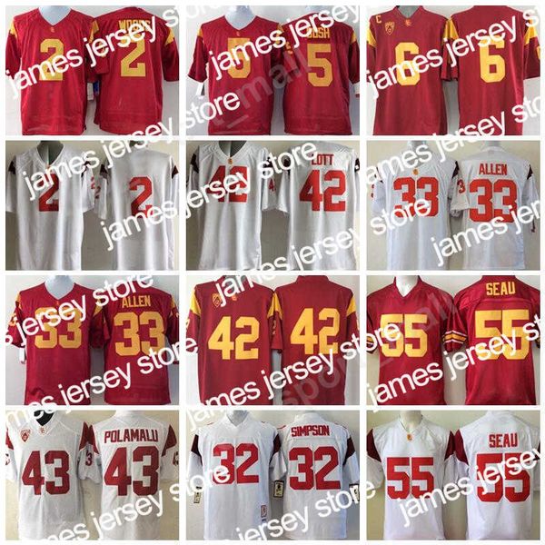 American College Football Wear New USC Trojans College Football Maglie Allen Lott Woods Sanchez Seau Bush University PAC 12 Ricamo Team Rosso Bianco Sport Hot Men