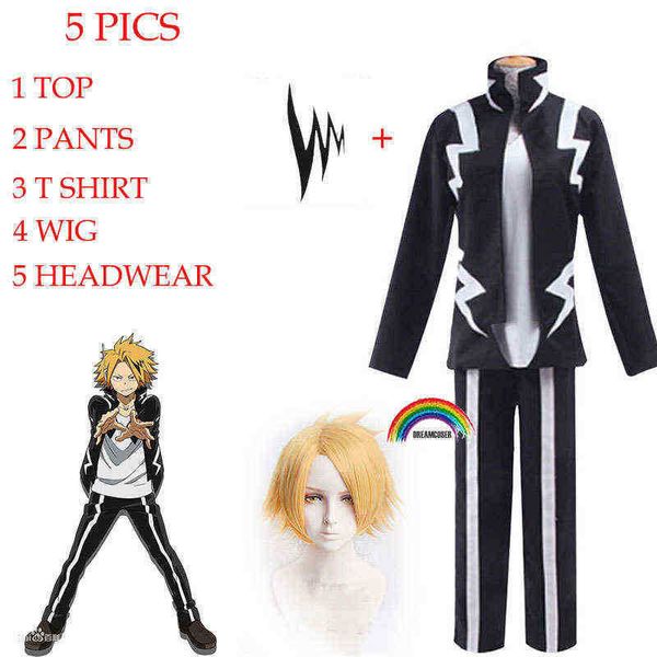 5 foto Anime My Hero Academia Denki Kaminari parrucche cosplay corte dorate resistenti al calore parrucche sintetiche cosplay set luce nera J220720