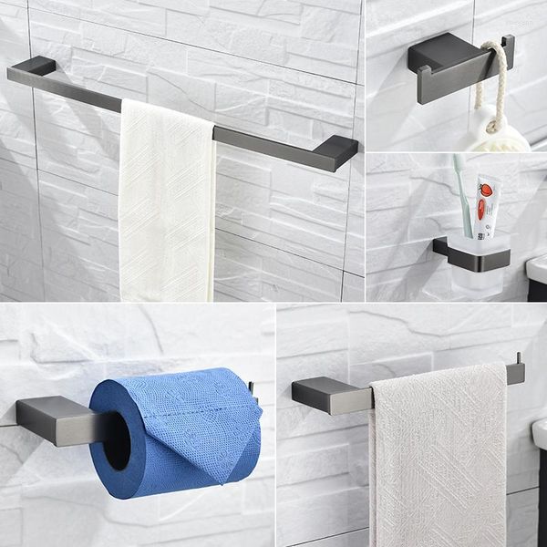 Banyo Aksesuar Seti 5 -PC Gri Banyo Paslanmaz Çelik Duvar Montajlı - El Havlusu Raf Tuvalet Kağıdı Diş Pırçısı Tutucu içerir