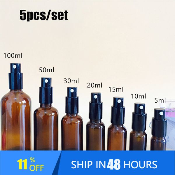 5 Pz/Set Ricaricabile Pressa Pompa Bottiglia Spray di Vetro Oli Contenitore Liquido Cosmetico Bottiglia di Profumo Atomizzatore per Viaggi 5 ml/10 ml/15 ml/20 ml/30 ml/50 ml/100 ml