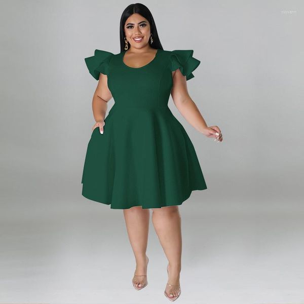 Vestidos de tamanho plus size manga de pétala pura vestido de saia grande até o joelho o-pescoço de fábrica direta por atacado Party slim 5xl