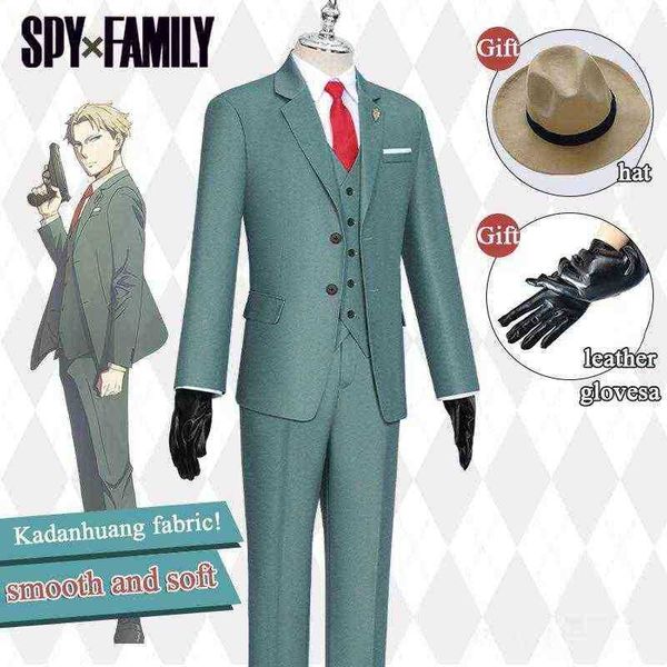 Anime espião x família famosa traje de cosplay com ondas de chapéu de terno verde de traje loira curta Men.