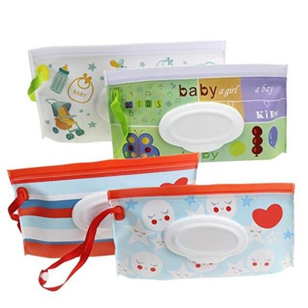 EVA Baby Wet Wipe Storage Boxes Pouch Cute Snap-Strap Salviettine umidificate ricaricabili Borsa Flip Cover Scatola per fazzoletti Accessorio per passeggino per bambini utile all'aperto 16 colori