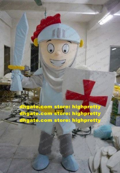 Cool White Soldier Mascot Traje Mascotte Knight Bodyguard Warrior Fighter com escudo vermelho branco Big Sword No.2744 Navio livre