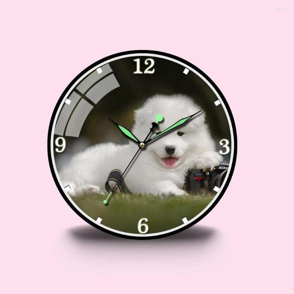 Orologi da parete Samoiedo Cucciolo di cane Orologio Design moderno Silenzioso Camera da letto Soggiorno Decorazione Rotondo sospeso