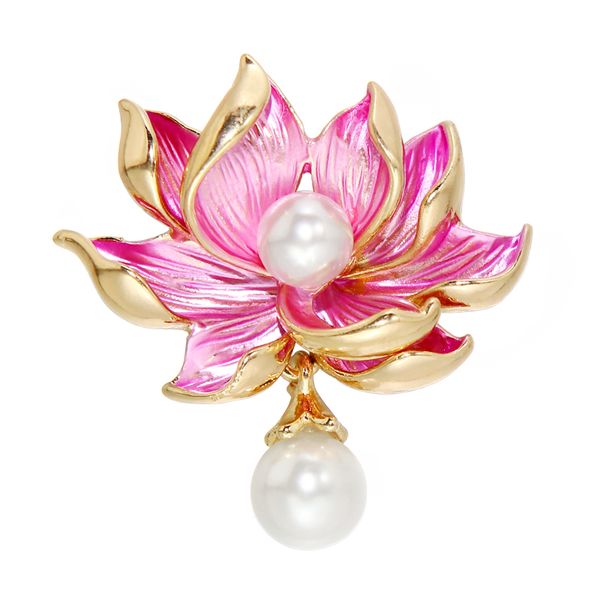 Spille a forma di fiore di loto smaltato vintage con perle grandi Spille decorative di fascia alta per vestiti Accessori donna