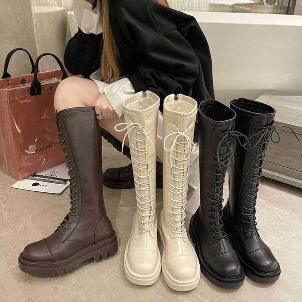 Knöchel Schneestiefel Leder Kleid Schuhe Lange Damen Ritter Neue Erhöhte Schnürung Damen Mode Kniehohe Runde Zehen Reißverschluss Quadratischer Absatz