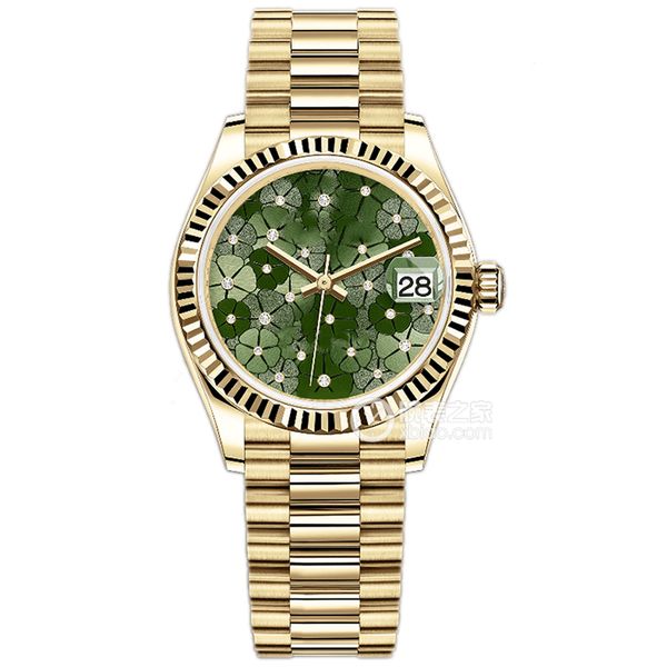 Gold Women's Weln's 31mm Blue Diamond Four Clover Dial 904L Manual de aço inoxidável Máquinas automáticas Moda de luxo Designer Calendário Relógios