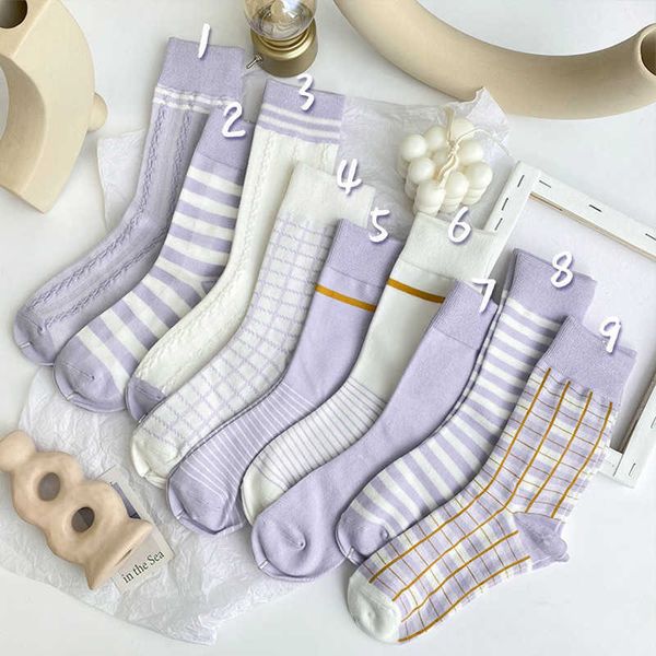 Socken Strumpfwaren Neue Taro Lila Mode Frauen Socken Gestreiften Plaid Hohe Qualität Baumwolle Socken Weibliche Japanische Koreanische Harajuku Nette Socke skarpetki T221102