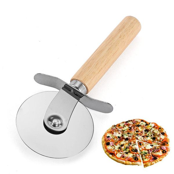 Ferramenta redonda de cortador de pizza em aço inoxidável confortável com maçaneta de madeira pizza cortadores de massa macarrão massas de cozinha ferramentas de bakeware 1107