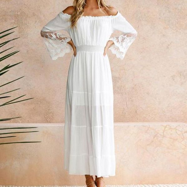 Abiti casual Abito estivo senza spalline a maniche lunghe da donna Abito elegante in pizzo all'uncinetto con spalle scoperte Doppio strato svasato bianco