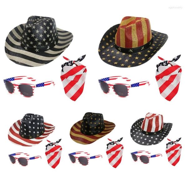 Boinas 28tf Chapéus de cowboy vintage Bandana Sunglasses Set for Men Women Western Cowgirl Hat Birthday Party Costume Acessórios