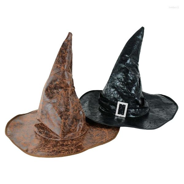 Party Masken 1 stücke Leder Hexe Zauberer Hut Frauen Männer Cosplay Kopfbedeckung Halloween Requisiten Zauberer Kostüm Zubehör Für Kinder