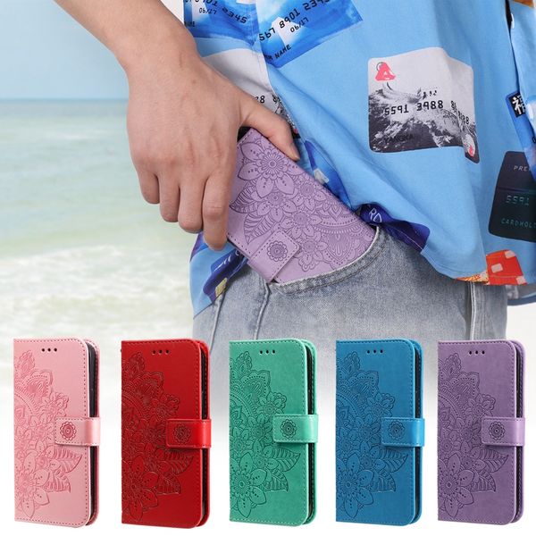 Hüllen für Samsung A35 A55 One Plus 12 Google Pixel 9 8 Pro 8A Redmi A3 K70 K70E Aufdruck Blume Mandala Brieftasche Lederhalter ID Karte stoßfest Flip Cover Flip Tasche