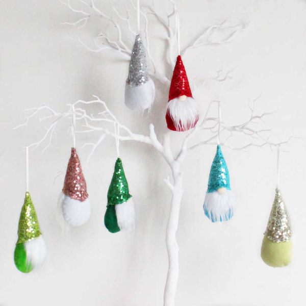 Pendentif arbre de noël suspendu paillettes tricotées sans visage bébé poupée nains ornements décorations tricot manuel coloré tissu plastique Colgante De Arbol De Navidad