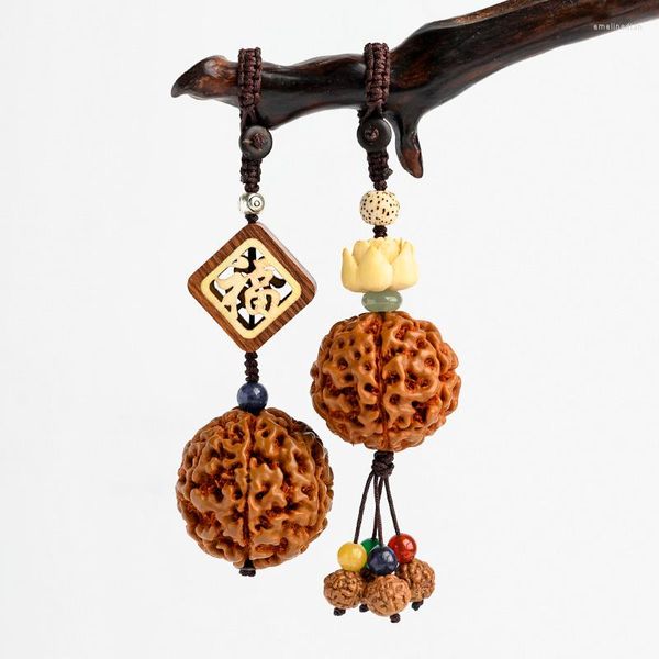 Schlüsselanhänger Natürliche Rudraksha-Perlen Auto-Schlüsselanhänger Original handgeflochtenes Seil Glückszeichen Lotus-Schlüsselhalter Meditation Buddhismus Schmuck Amulette