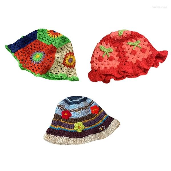 Berretti Estivi Fiori all'uncinetto Modello Cappello da pescatore Cappello a secchiello lavorato a maglia Cappello da sole a tesa larga Regalo per San Valentino