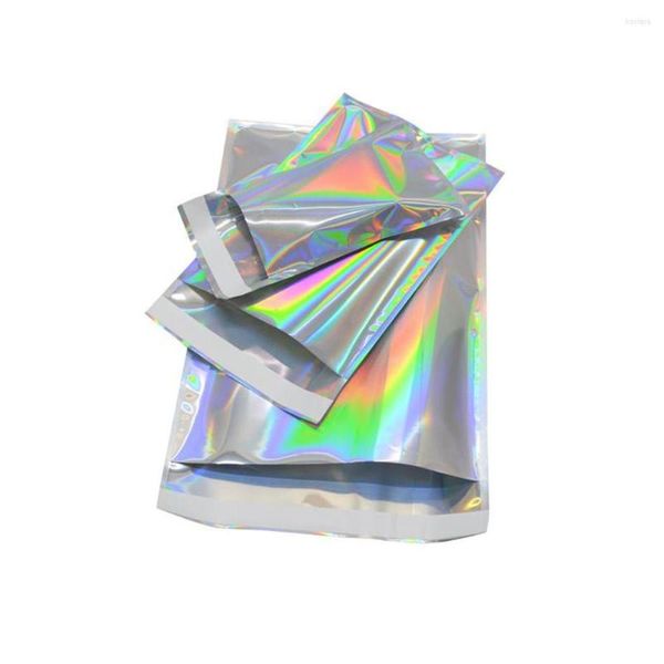 Bolsas de armazenamento Arquivo de holograma 100pcs Laser de alumínio prata bolsas auto-adesivas de envelope roupas de roupas holográficas embalagens cosméticas