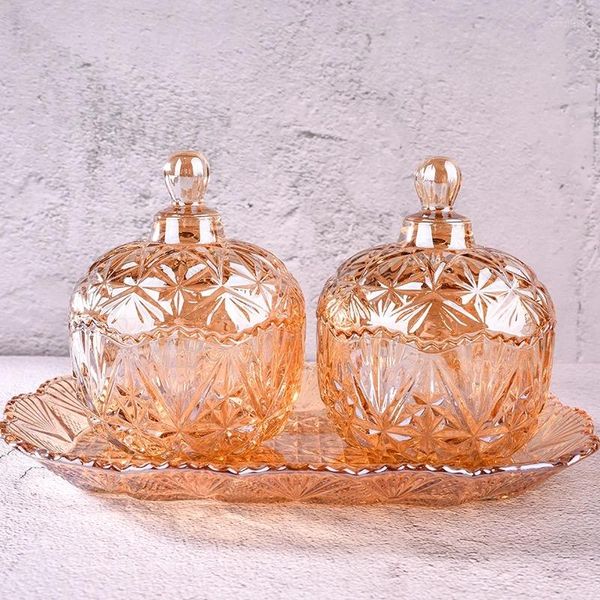 Bottiglie di stoccaggio 3 pezzi Coperchi per barattoli di vetro di cristallo ambrato Contenitore per caramelle Contenitore per biscotti Decorazione interna da tavolo
