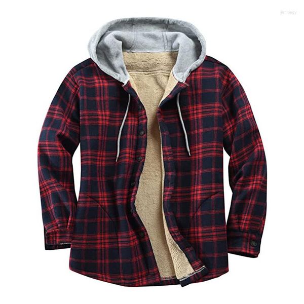 Men's Casual Shirts Mens Winter Flannel Shirt Jacket Classic Black And White Plaid Fleece Lined Coat Button Up Hoodie Outwear Men Clothing