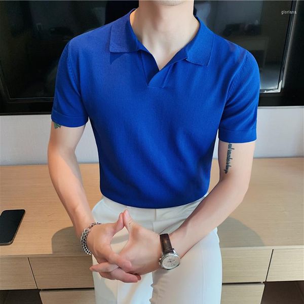 Camisetas masculinas de verão manga curta KniSolid Color T-shirt coreana moda slim fit masculina casual decote em V camisa pólo de seda gelo tamanho grande 4XL-M