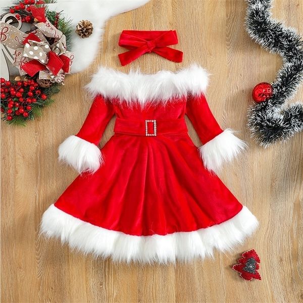 Mädchen Kleider Kind Baby Mädchen Weihnachten Kleidung Set Kunstpelz Patchwork Langarm Off Shoulder ALine Kleid mit Gürtel Schleife Stirnband 221107
