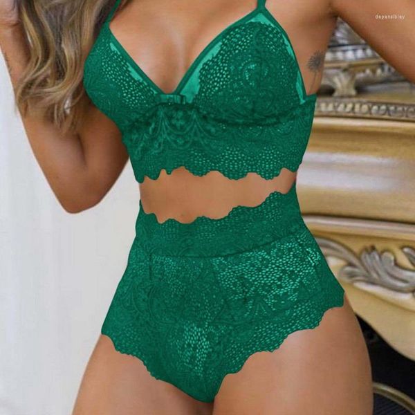 Pantaloncini attivi Intimo sexy a V profonda Reggiseno ultrasottile Set Plus Size Reggiseno Verde Donna Lingerie Pizzo Ricamo Mutandine trasparenti