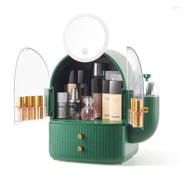 Aufbewahrungsboxen LED-Lampe Kosmetikbox mit Spiegelschublade Make-up Schmuck Organizer Desktop Lippenstift Nagelölbehälter Beauty Case