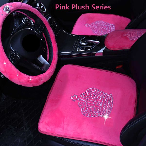 Coprivolanti Hot Pink Bling Accessori per auto Set interno per le donne Ragazze Glitter Peluche Caldo Coprisedili automobilistici Cuscino Crystal Crown Deco T221108