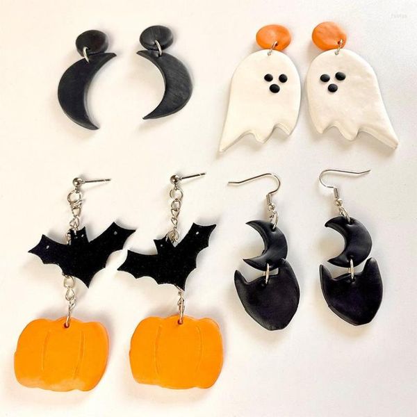 Brincos Dangle 2022 Crely Clay Halloween para mulheres Handmade Ghost Bat Pumpkin Moon All Hallows 'Day Jewelry Gifts