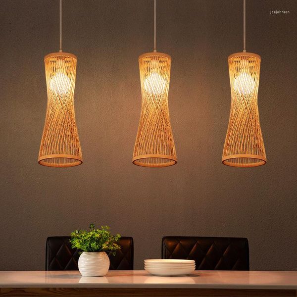 Lâmpadas pendentes clássicas lustres de bambu clássico estilo chinês rattan tecido pendurado lâmpada de teto leve para iluminação de lounge de barra de café em casa