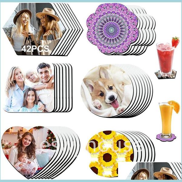 Matten Pads 42 Stück leere Sublimation Neopren Untersetzer MTI geformt DIY Wärmeübertragung Druck Küche Auto Tumbler Matte Drop Lieferung H DHP2L