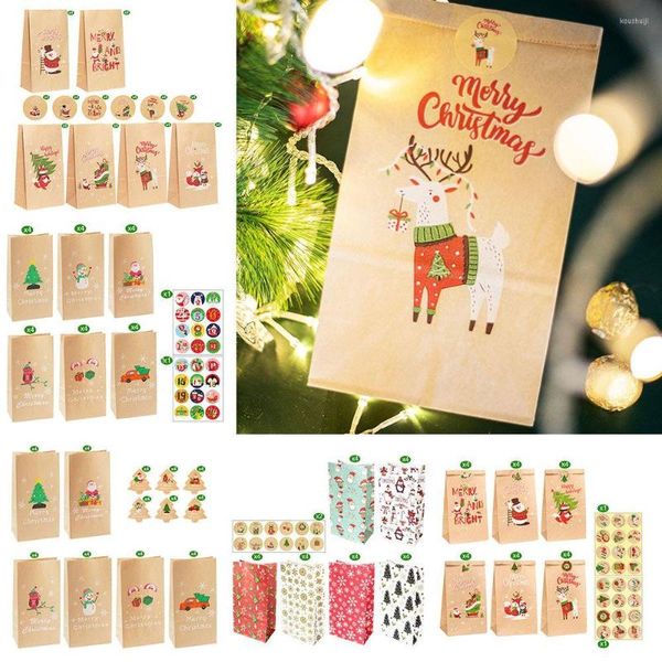 Hediye Sargısı 24 Setler Parti Şeker Tatili Noel Sarma Çanta çantası Noel Baba Kardan Adam Noel Kraft Kağıt Torbalar