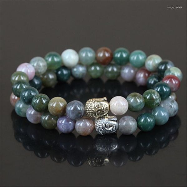 Strand 2pcs Natural Índia Stone redonda contas charme feminino bracelete misericórdia de duas cores Buda Head Men Stretch