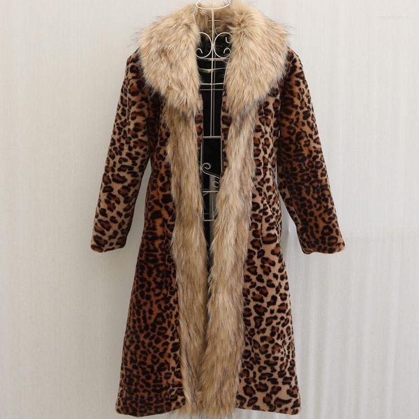 Pelliccia da donna Stampa leopardata da donna Cappotto di visone caldo ispessito invernale Giacca lunga Giacca a vento con collo grande di procione Mujer Abrigos H2168