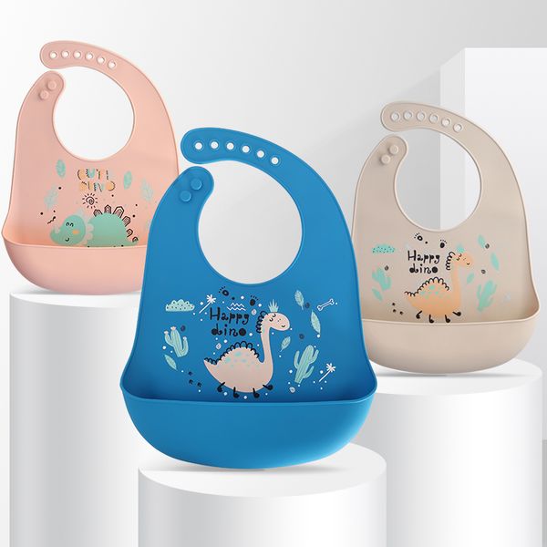 Bavaglino in silicone per bambini con stampa di dinosauri Bavaglini impermeabili per l'allattamento del bambino Asciugamano per saliva Grembiuli per bambini Panno antirigurgito regolabile per ragazzi e ragazze