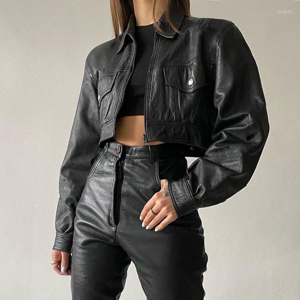 Damenjacken Harajuku Zip Up Schwarz Y2K PU Leder Crop Jacke Mantel Frauen Herbst Streetwear Lose Revers Langarm Oberbekleidung Koreanisch