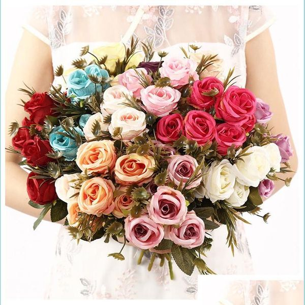 Ghirlande di fiori decorativi Simation Silk Rose Matrimonio artificiale Sposa Bouquet Rosa Rosso Blu Viola Sposa San Valentino Decorazioni per la casa Dr Dhc1S