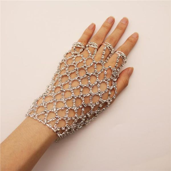 Bracelets de link Bride Bride Shiny Rhinestone Mesh Conectando pulseira de dedos para mulheres Hollow Out Crystal Hand Chain With Ring Festival