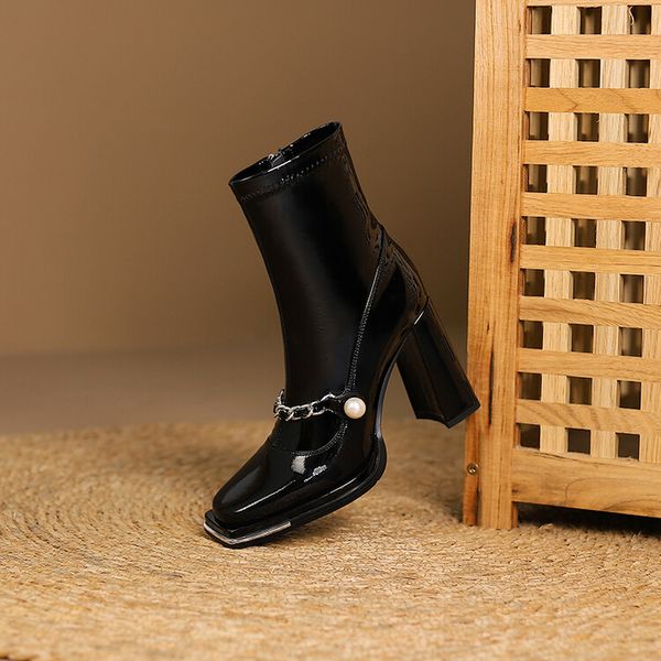 Inverno joelho botas curtas mulheres designer de dedos quadrados bloco sapatos de salto alto couro patente camurça leatherparty casamento moda plataforma de luxo senhora YGN48-J9707
