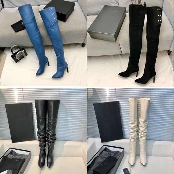 2023 mulheres designer apontou overlord joelho-altas botas ysl família luxo moda sexy preto branco azul botas de couro outono inverno metal fivela saltos sapatos tamanhos 35-39