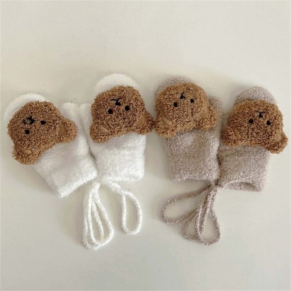 Kinder Fingerhandschuhe Fünf Finger Handschuhe 14Y Cartoon Bär Baby Fäustlinge Winter Warme Kinder Mädchen Gestrickte Kinder Kleinkind Dicke Zahnen Fäustling Handschoen 221107