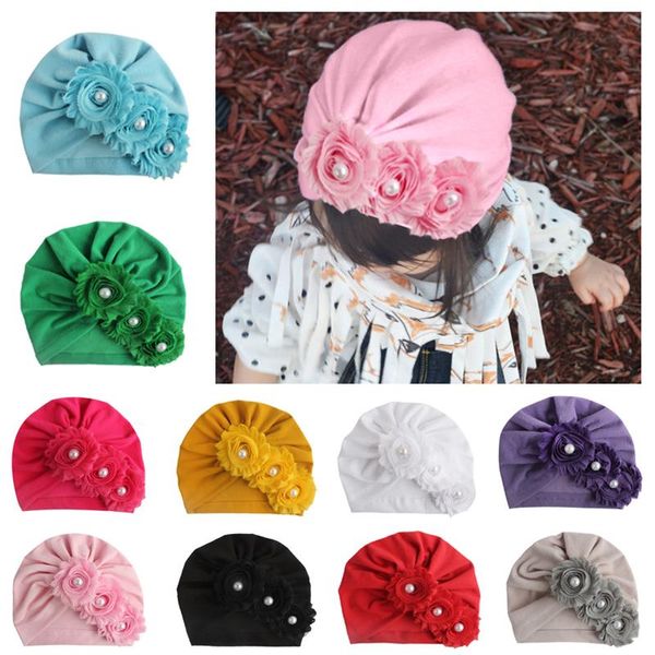 Novos tampas recém -nascidas infantis com pérolas de chiffon flases algodão mistura de turbante garotas de gorro elástico chapéu de cabelo para bebês acessórios