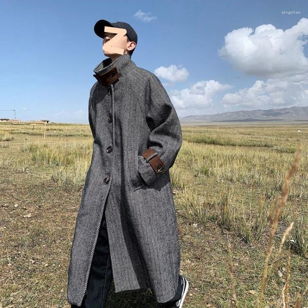 Giacche da uomo Autunno Inverno Lungo Uomo Oversize Fresco Frangivento Sciolto Corea Moda Caldo Trench di lana a spina di pesce Uomo