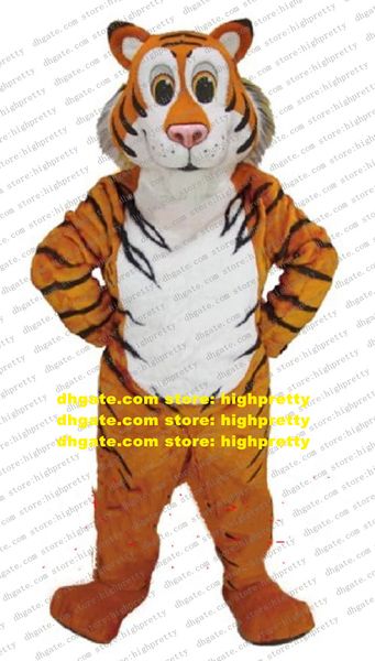 Traje de mascote de tigre amarelo marrom