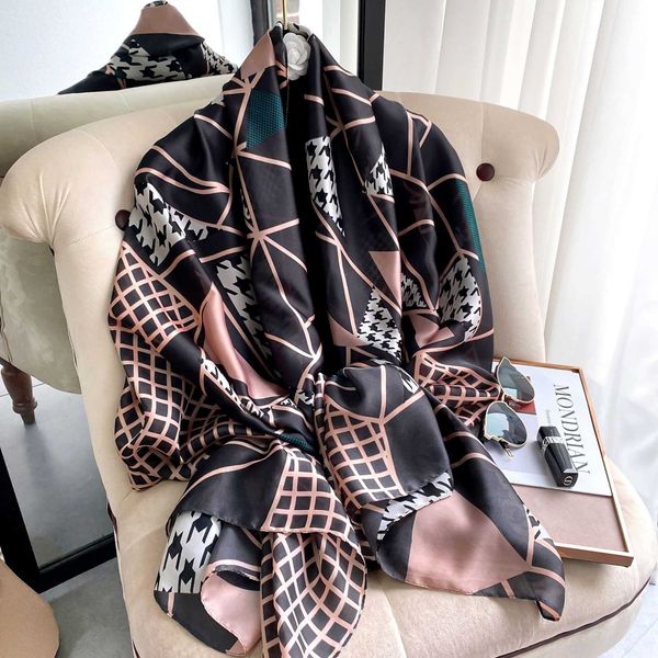 Lenço de seda imitação feminina impressão xadrez de seda lenço decorativo