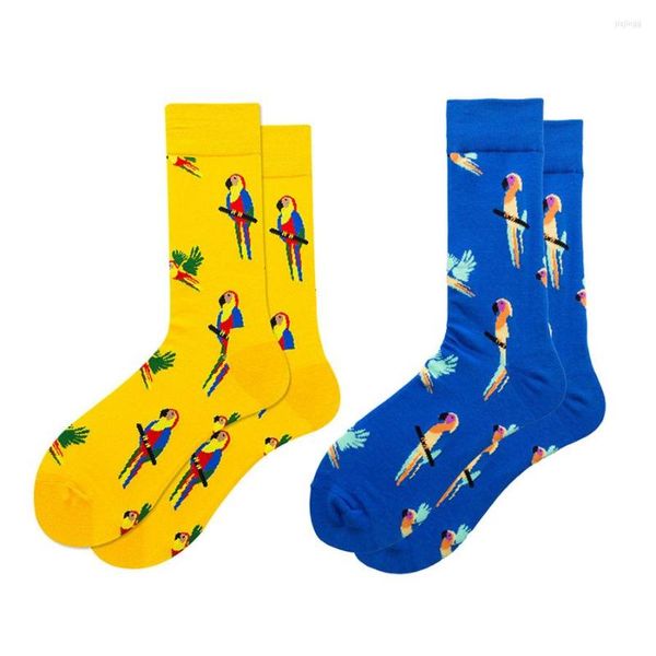 Meias masculinas Padrão de papagaio engraçado Cotton Men Crew casual Happy Blue Amarelo Sock Spring Summer Summer Summer Style 2 Pack