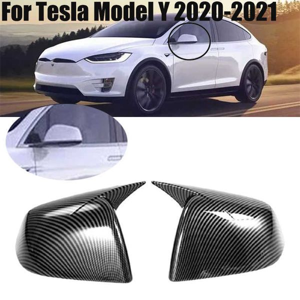 Um par de fibra de carbono Black Car Exterior Porta lateral Tampa do espelho para Tesla Modelo Y 2020-2021 ABS Tampa do espelho traseiro