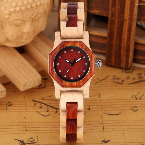 Нарученные часы красный восьмиугольный корпус Quartz Watches for Women Full Wood Band Женские наручные часы деревянные часы для отделки